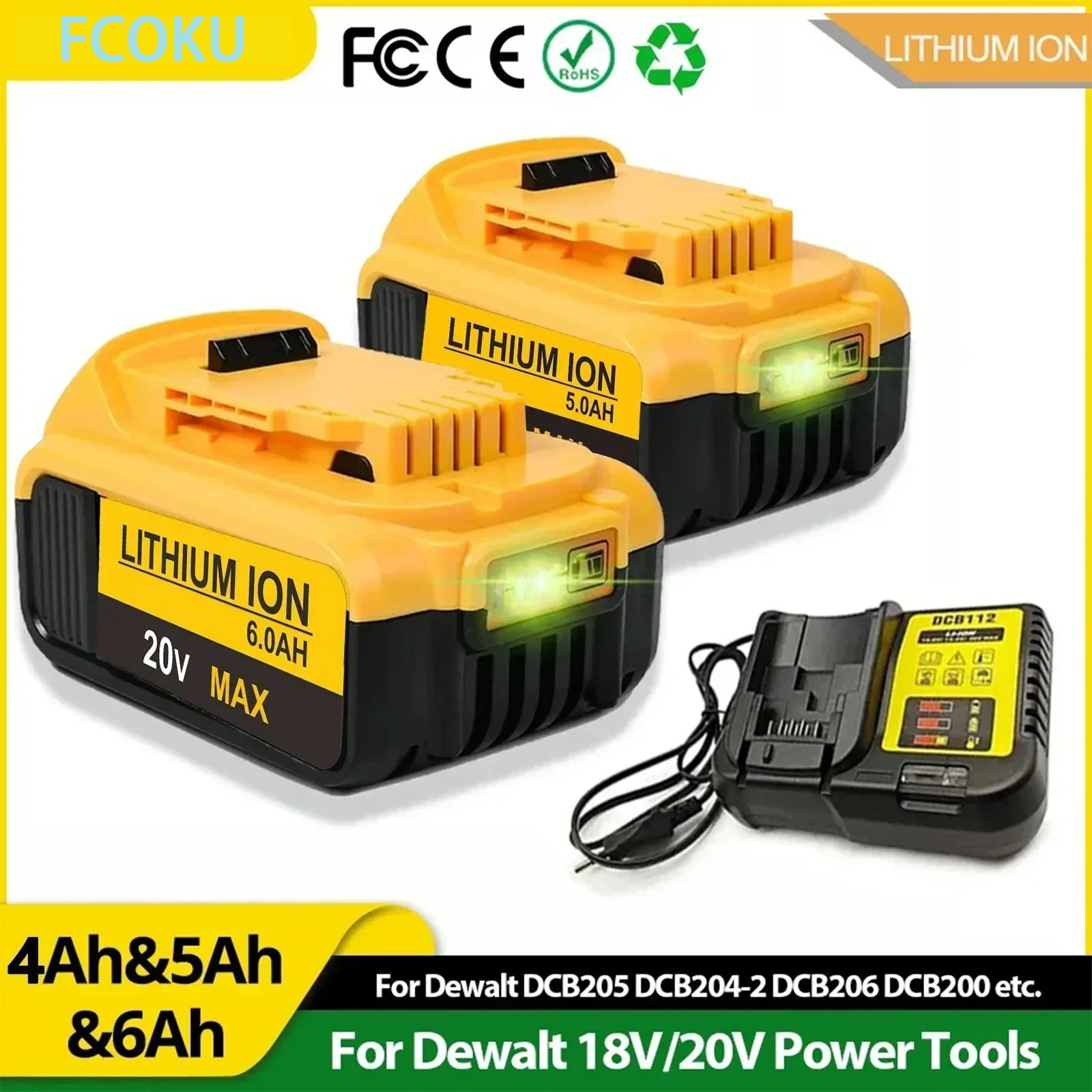 

For Dewalt 20V 5AH 6AH Rechargeable Lithium Ion Battery, For Dewalt DCB200 DCB206 DCB207 DCB204 Power Tool Replacement Battery