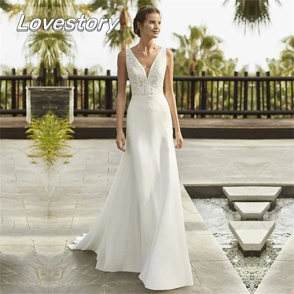 Boêmio sereia vestidos de casamento com decote em v apliques rendas vestidos de noiva simples branco marfim vestidos de noiva sem mangas