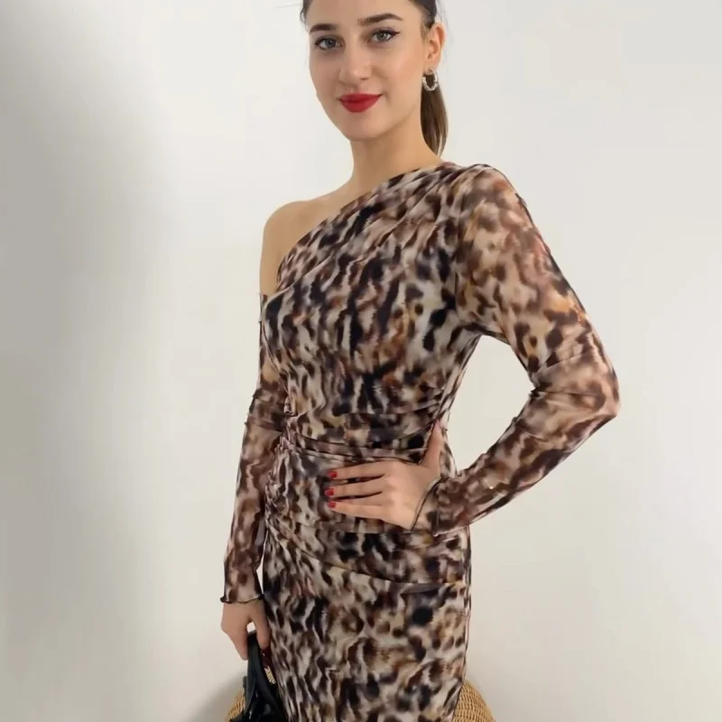 

Spring New Leopard Print Asymmetrical Neck Waist-Cinching Long Sleeve Mid-Length Elegant Dress for Women