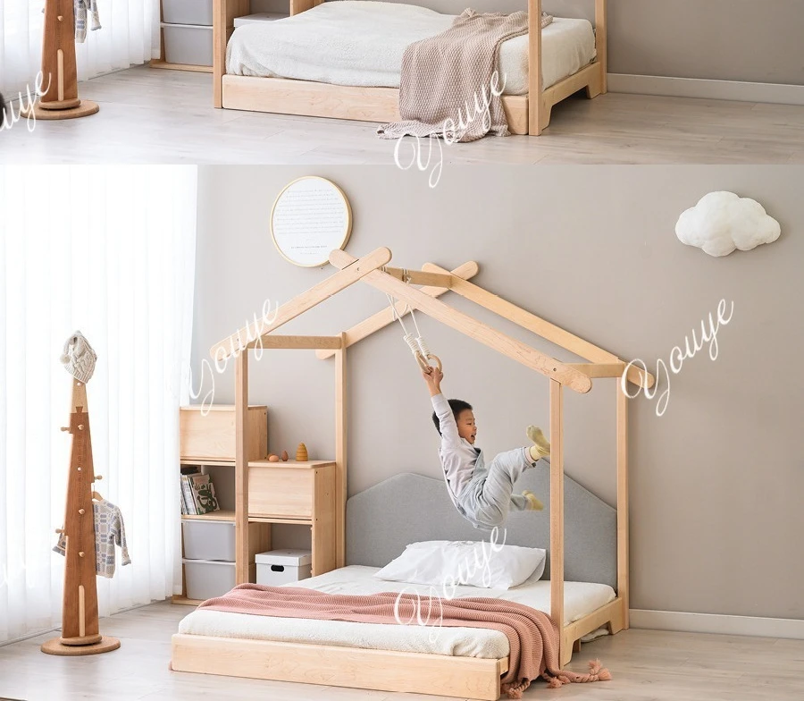 Cama de paletas totalmente de madera maciza con cajón de almacenamiento, cama para niños, columpio de madera maciza de arce para niños