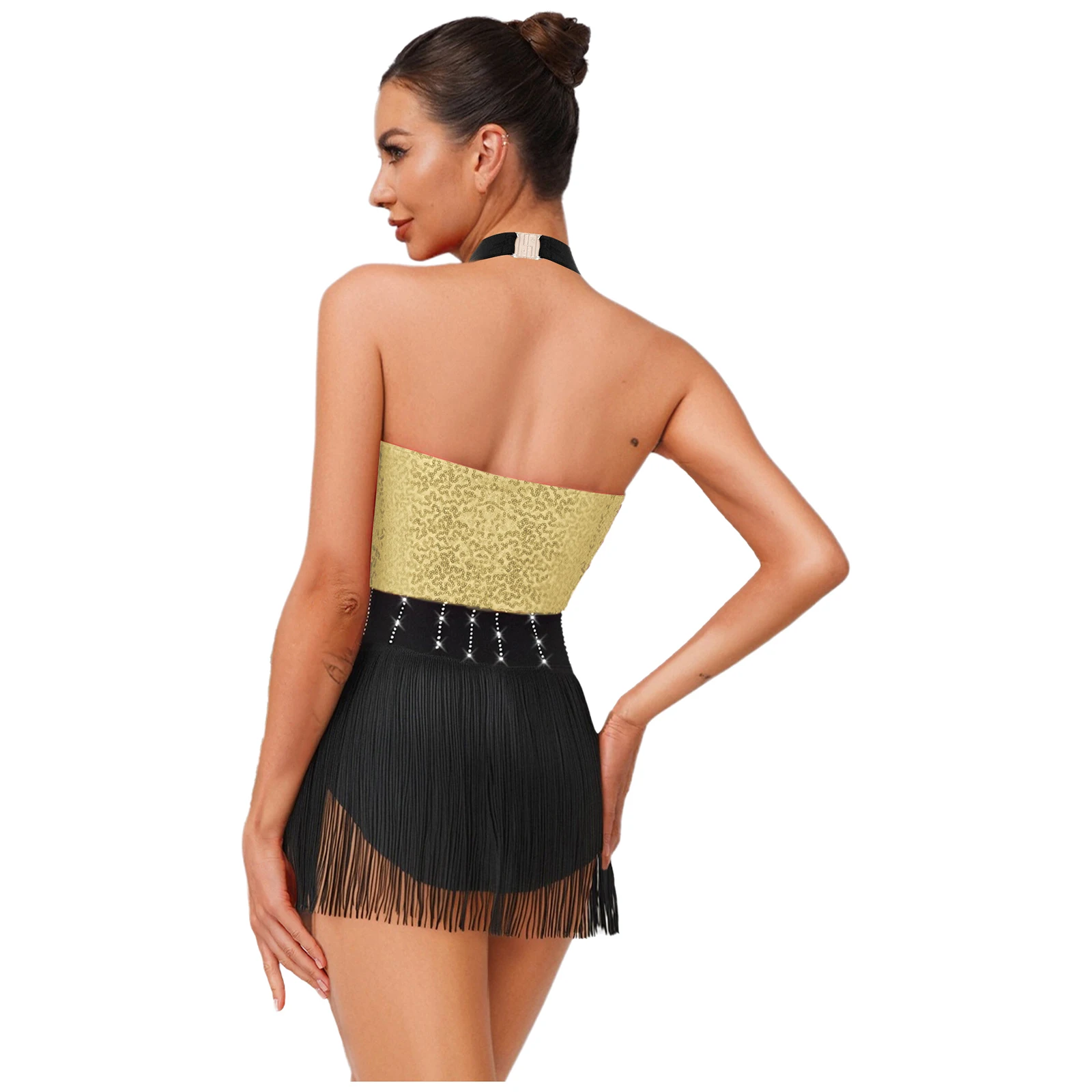 Women Sparkly Patchwork Latin Samba Cha-cha Stage Performances Outfits Glittery Halter Bow Tie Backless Tassel Latin Dancewear