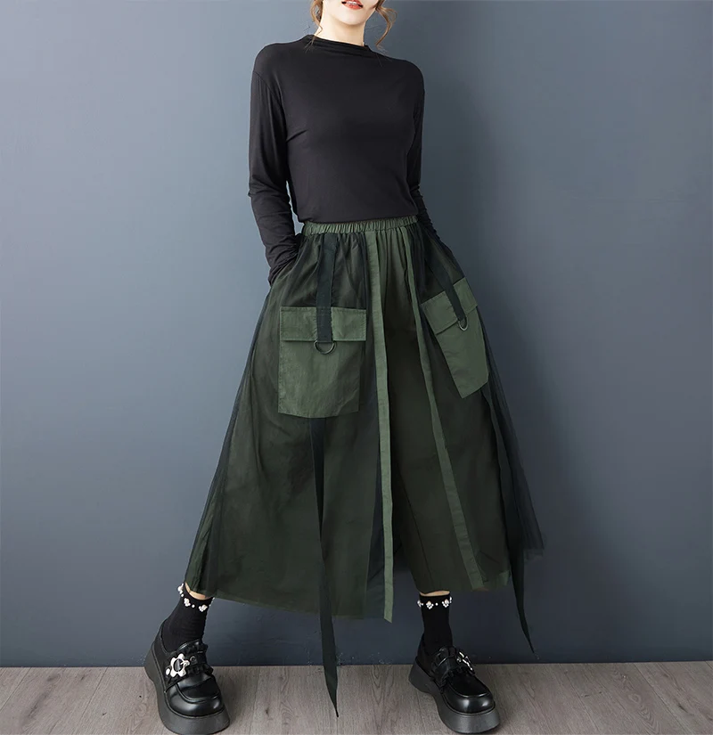 Patchwork Mesh Green Vintage High Waist Wide Leg Pants Women New Spring Autumn Casual Loose Trousers Fashion Streetwear 2026