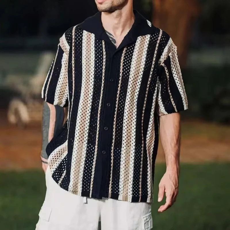 

Luxury Men Beach Outfits Striped Single-Breasted Tops Casual Knitted Shirts Usual Loose Fit Lapel Short Sleeve Shirts for Men