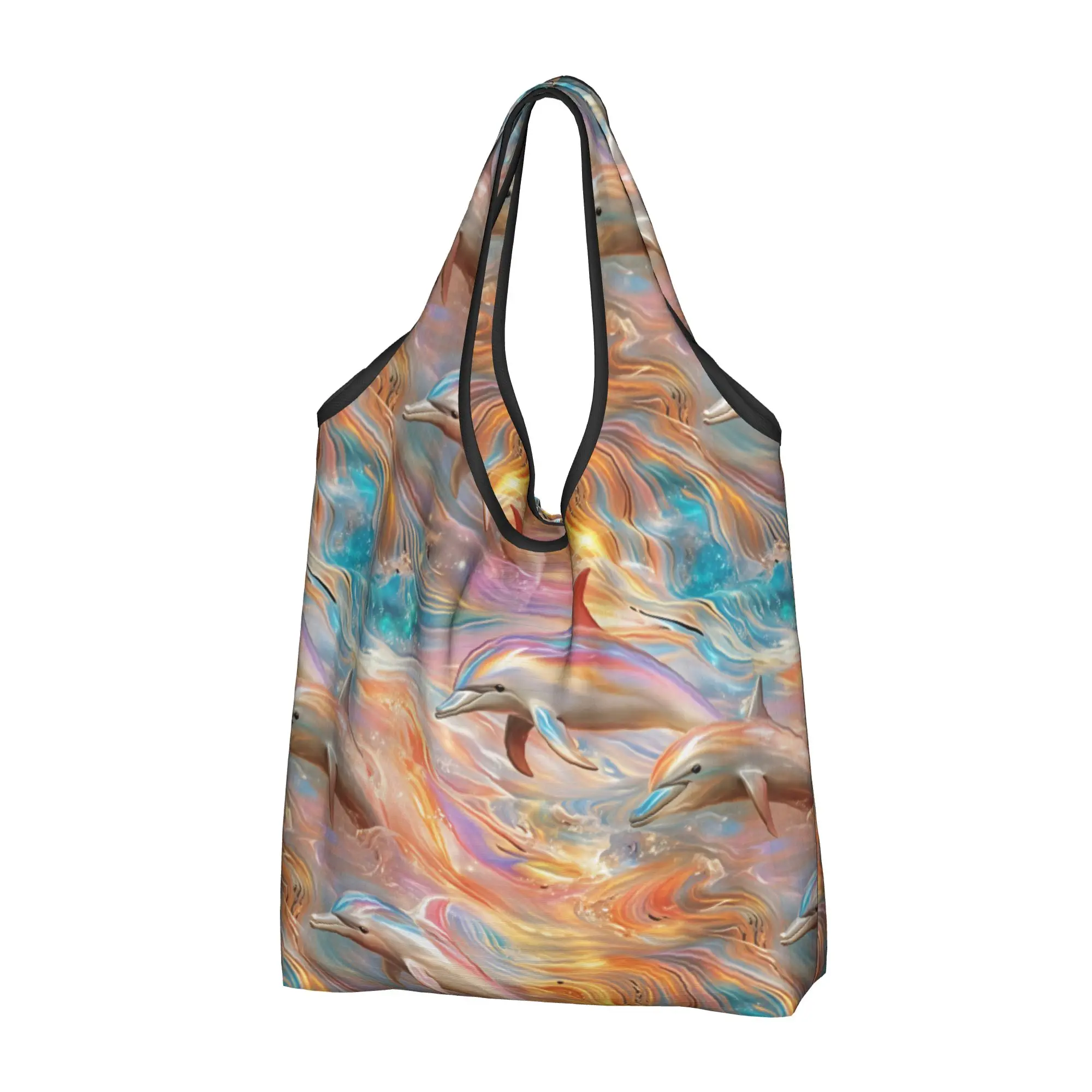 Custom Sun Painted Dolphins Shopping Bag Women Portable Large Capacity Grocery Funny Colourful Creative  Tote Shopper Bags