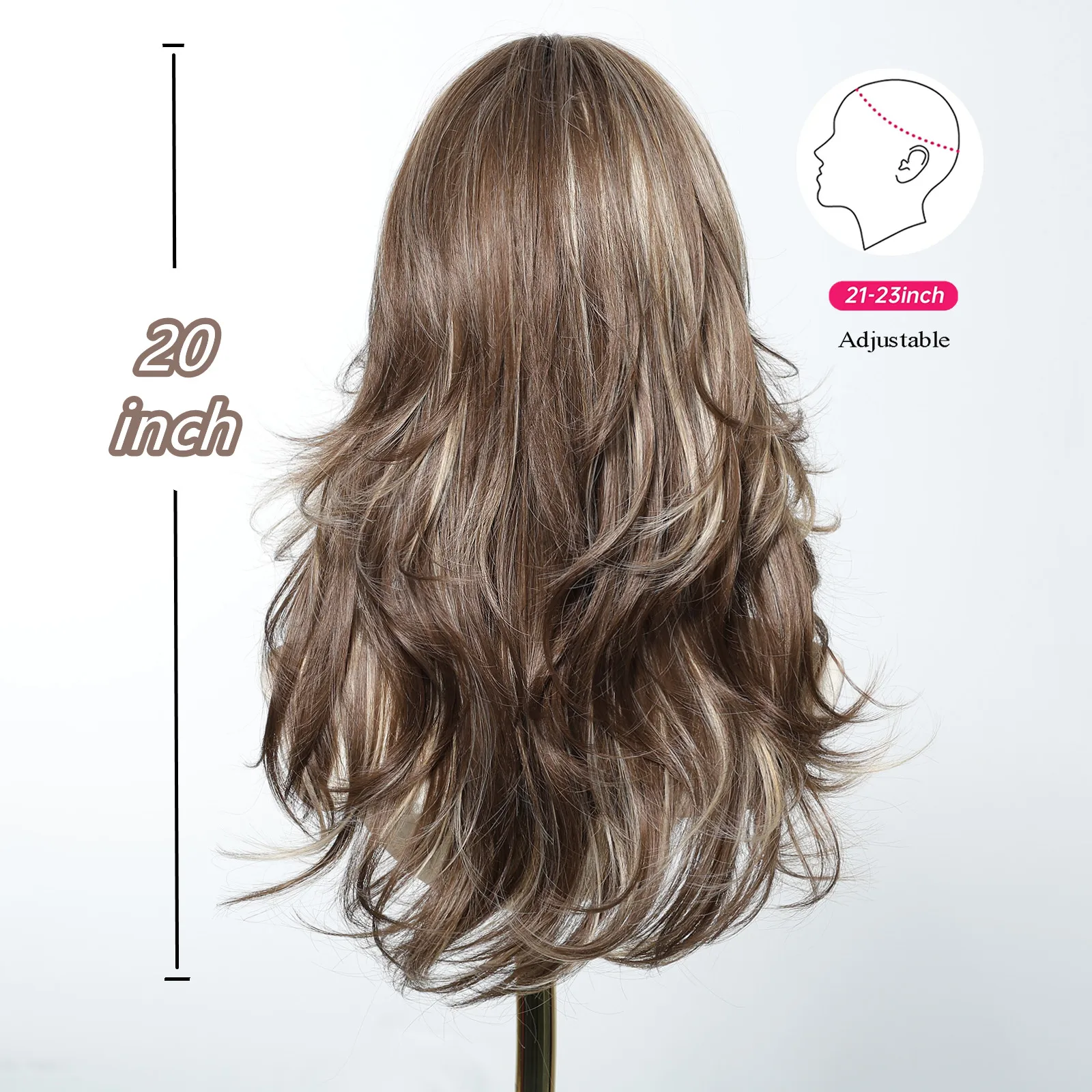 ALAN EATON Brown Highlight Synthetic Wigs Natural Layered Wavy Wig with Bangs Heat Resistant Hair for Women Daily Party Soft Wig