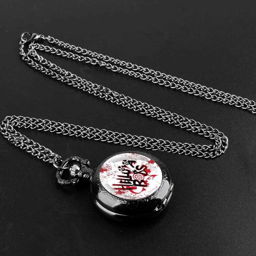 Hot Anime Helluva Boss Glass Dome Pocket Watch with Chain Necklace Vintage Quartz Pendant Watches Mens Women Gifts for Kids