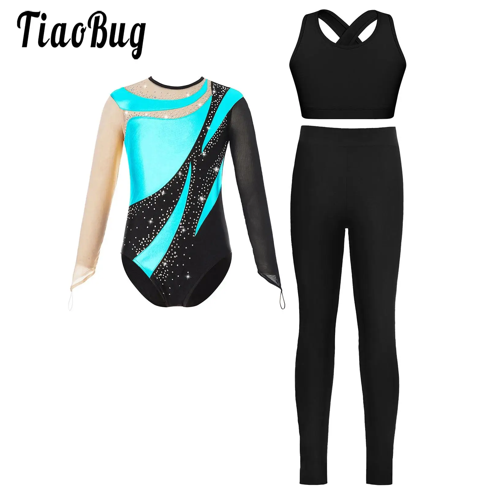 

Kids Girls Gymnastics Figure Skating Costume Leotard Dance Rhythmic Outfit Long Sleeve Rhinestones Bodysuit Vest And Leggings