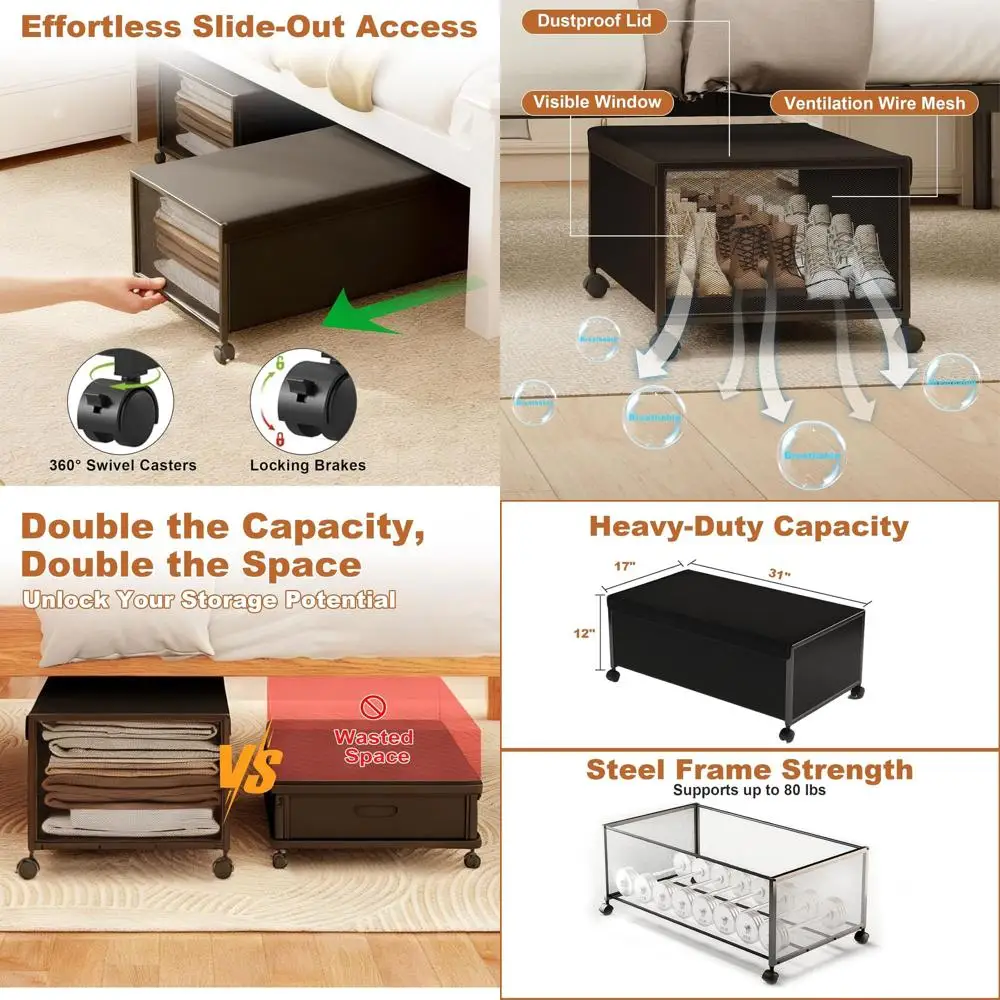 

12 Under-Bed Storage Containers with Wheels, Large Rolling Clothes Organizers for Dorms, Black