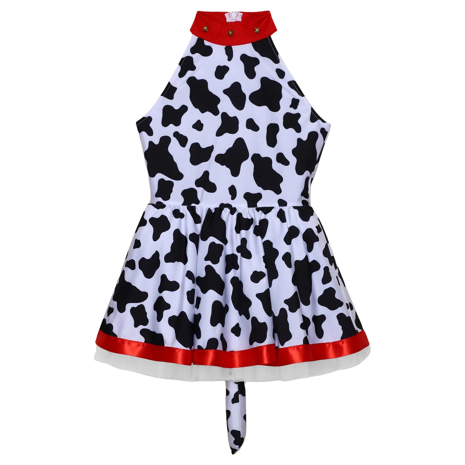 

Halloween Girl Animals Cosplay Printed Dress Costume Bells Sleeveless A Tail&Bow Layered Ruffled Skirt for Roleplay Theme Party