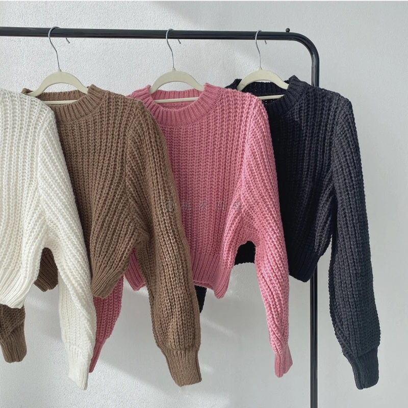 

2025 Autumn Elegant Warm Knitwear Winter Women's O-neck Lantern Sleeve Knit Pullover Casual Solid Color Short Sweater