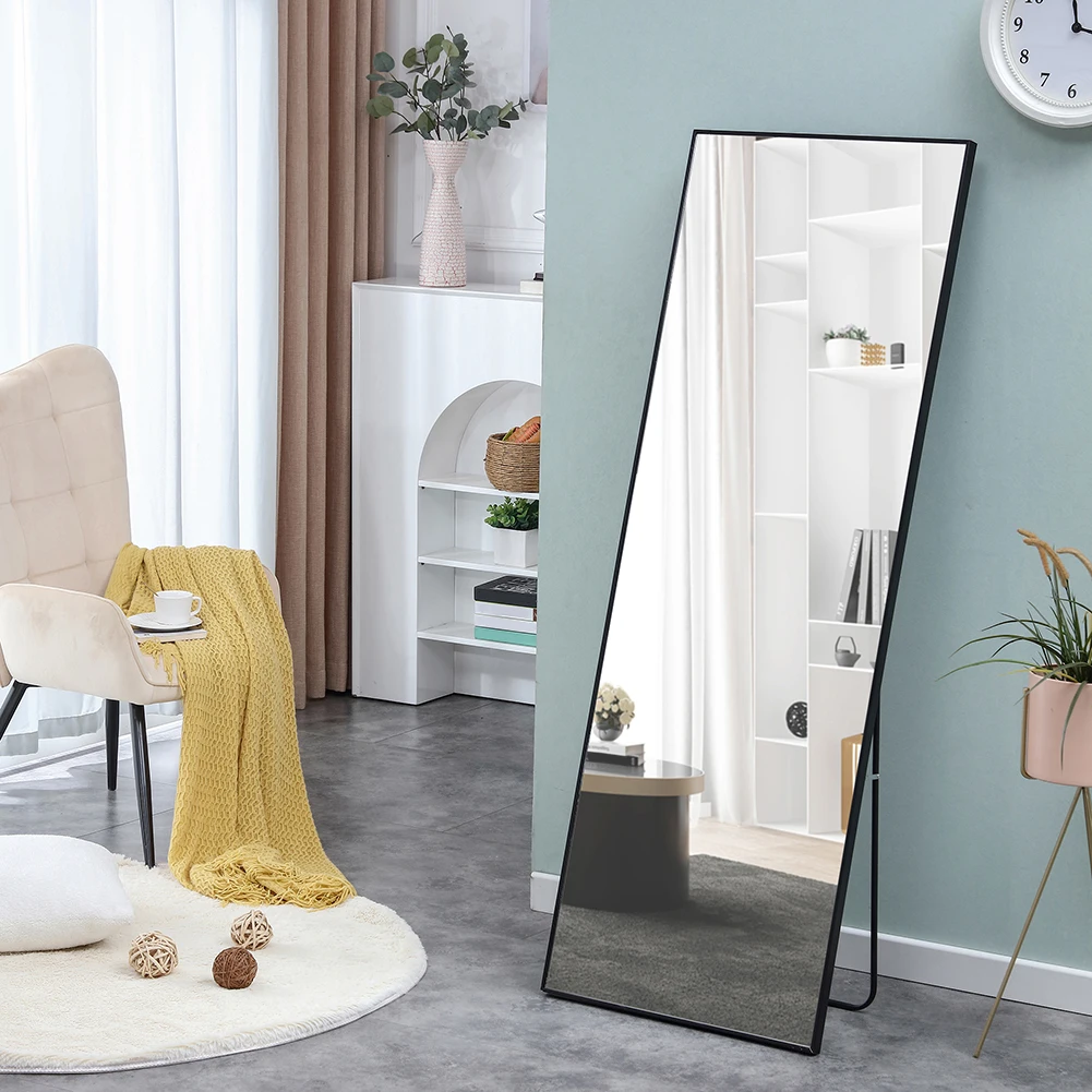 Full Length Mirror Wall Floor Mounted Full Body Mirror Solid Wood Frame Bathroom Makeup Mirror for Bedroom Entrance 65