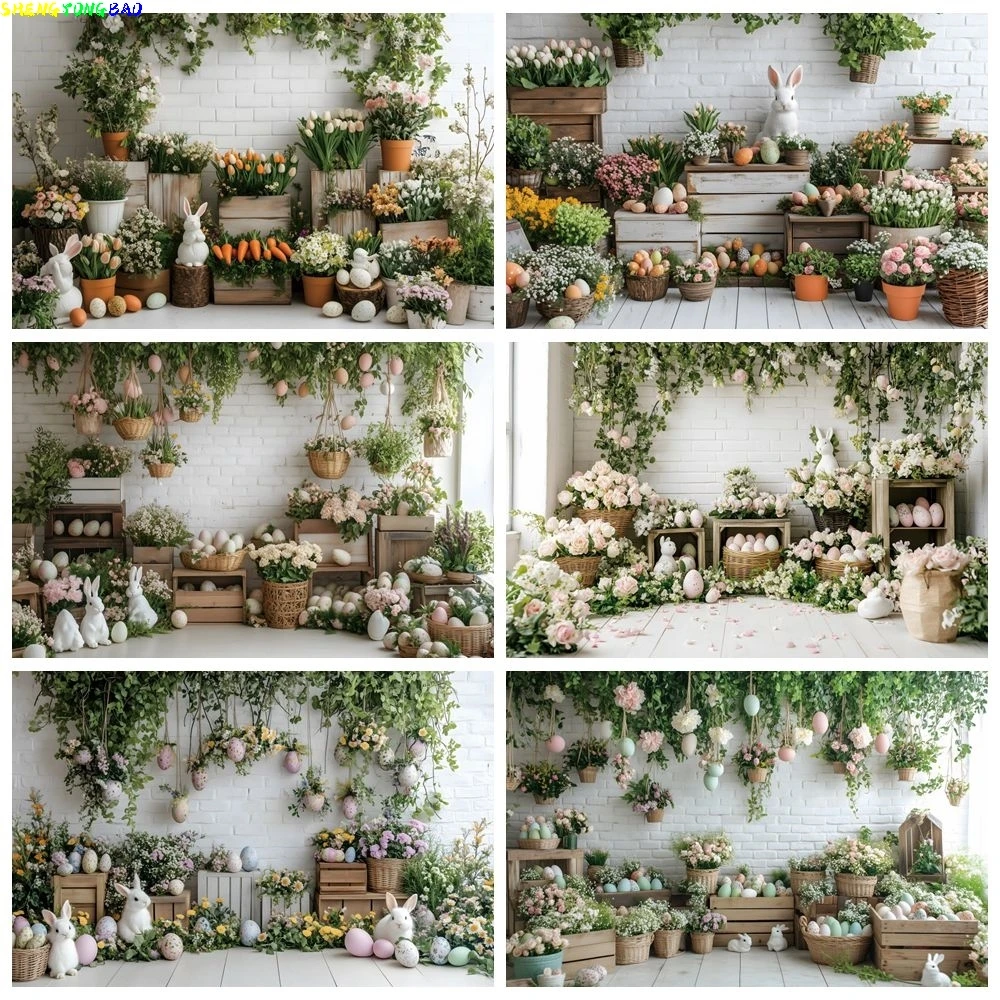 Primavera fundo de páscoa para fotografia parede de tijolo branco piso de madeira plantas verdes flores ovos coelhos pano de fundo estúdio foto
