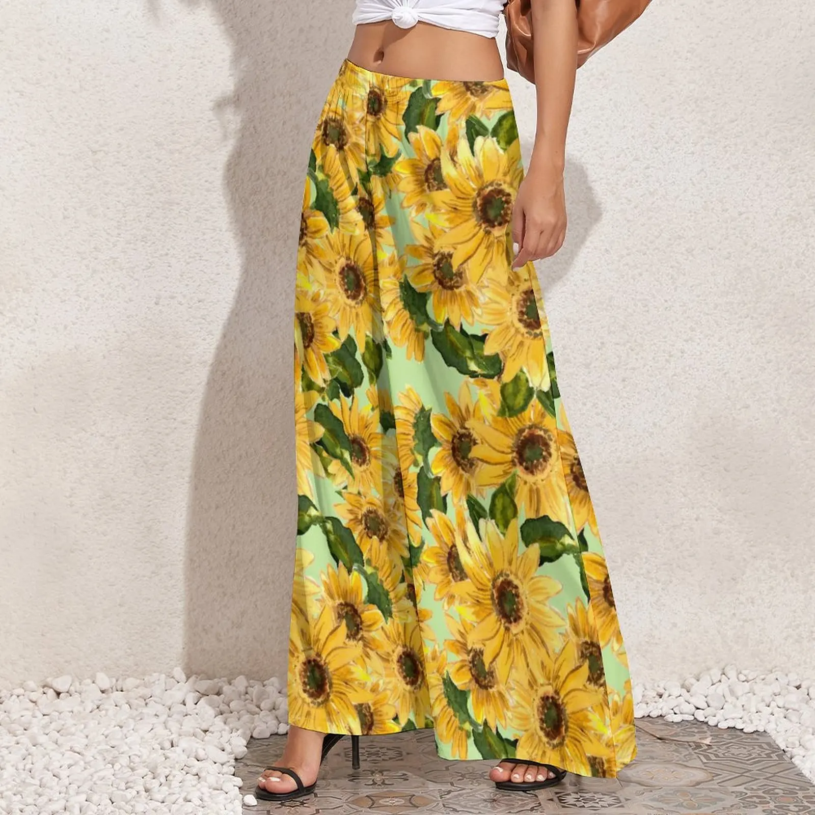 Calça reta de girassol florescente feminina, calça extragrande, padrão de flores amarelas, perna larga, estilo rua, moderna