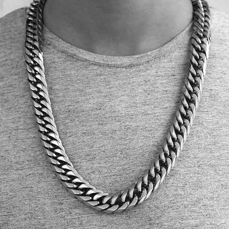 HNSP 8MM-14MM Stainless Steel Cuban Chain Necklace For Men Punk Thick Long Neck Male Jewelry Silver Color