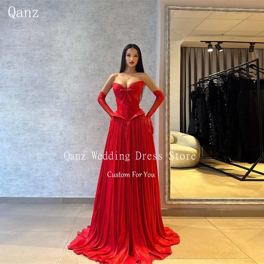 

Qanz Red Lace Evening Dresses Sweetheart Long A Line Luxury Party Dress Corset Back Women's Wedding Party Attire Customized