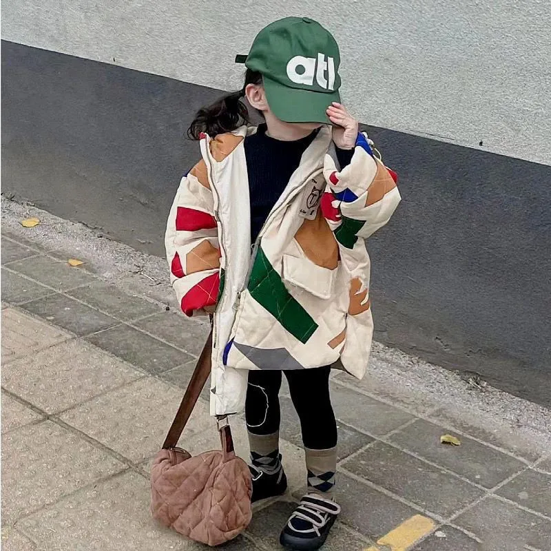 80-130cm Girl Unisex Korean Cotton Jackets Medium Length Children's Casual Handsome Toddler Boys Girls Printing Jacket Winter