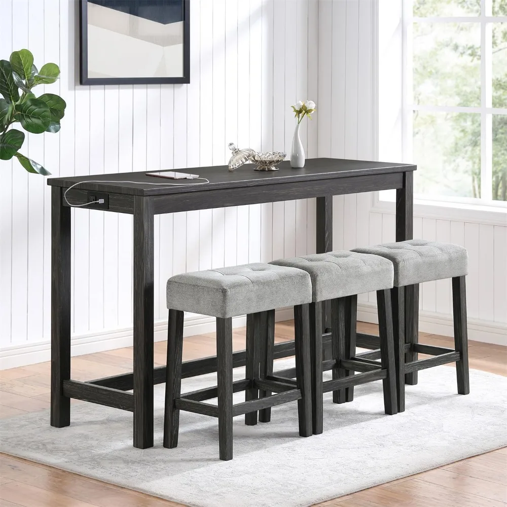 

60'' Industrial Black Solid Wood Bar Table Set with Power Outlet and 3 Grey Chairs for Living Room Dining Room Game Room