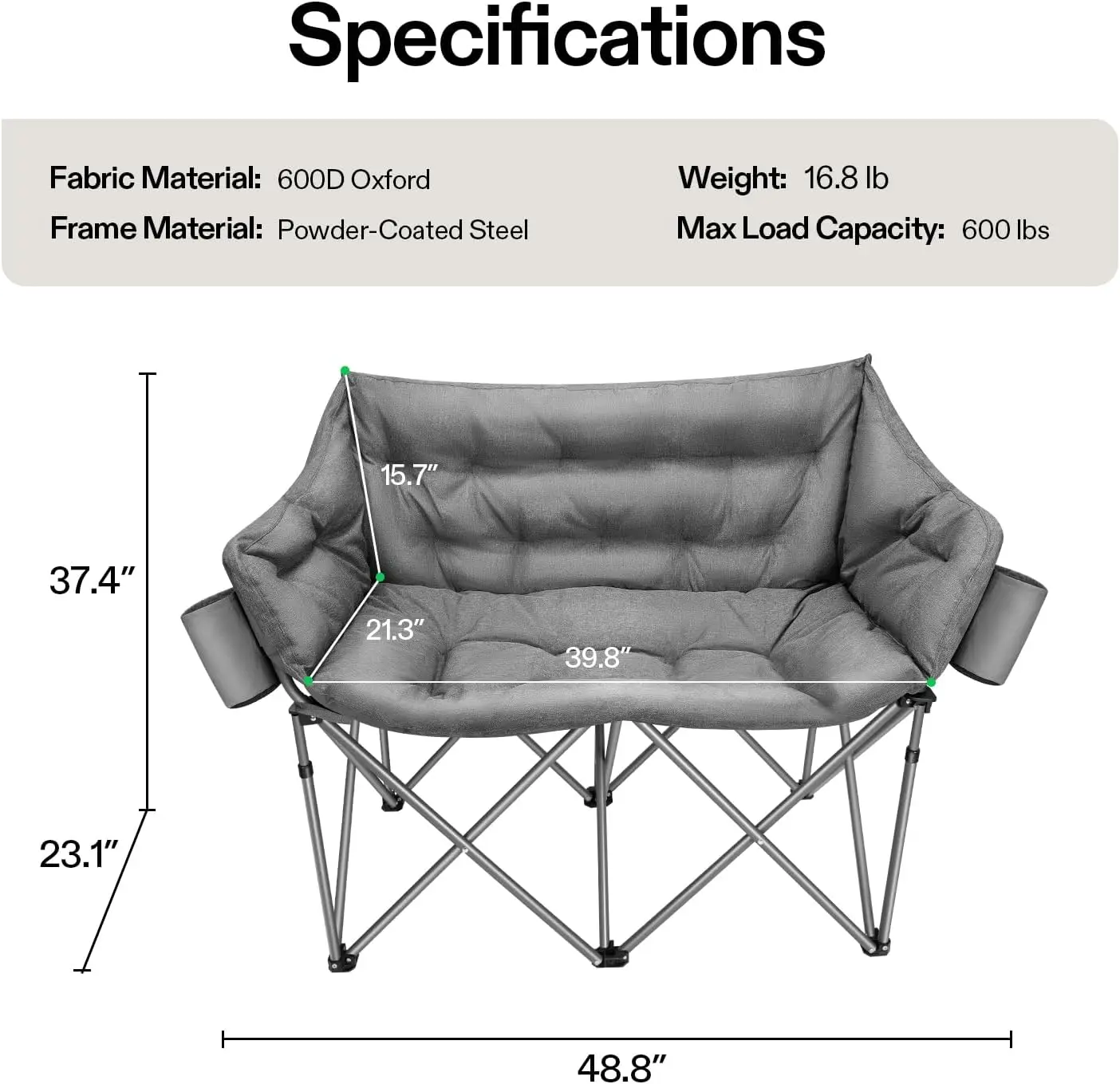 Chair, Padded Folding Love Seat with 2 Cup Holders & Carry Bag, Support 600 lb, Ideal for Indoor & Outdoor Activities, Gray