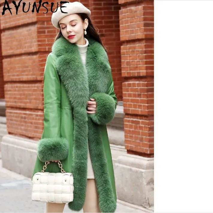 AYUNSUE Genuine Sheepskin Leather Jackets for Women 2023 New Winter Warm Duck Down Jacket Mid-length Leather Coat Fox Fur Collar