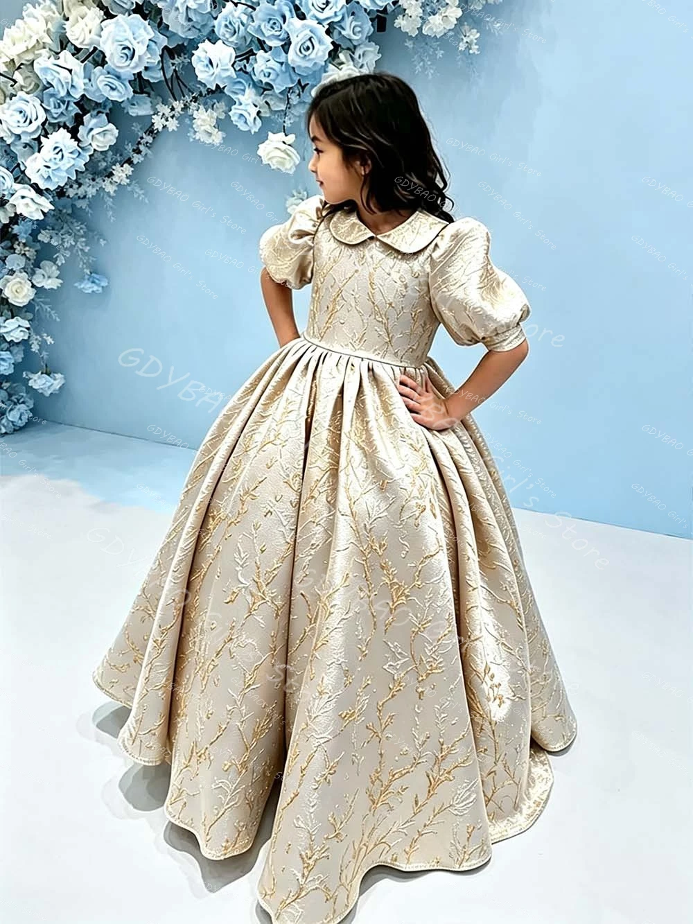 Vintage Girls Princess Dress With Bow Bean Neck Puff Sleeve Flower Girl Dress for Wedding Kids Floral Birthday Party Gown Custom