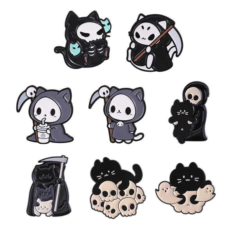 Grim Reaper Cat Enamel Pins Gothic Skeleton Black Cat With Ghost Spooky Scythe Kitten Halloween Brooch Jewelry Gifts for Friends
