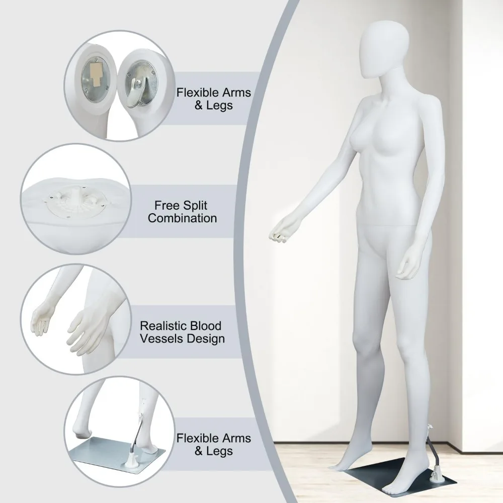 Manequim feminino destacável em forma de vestido de 6 pés com suporte ajustável e base de metal para fins de exibição