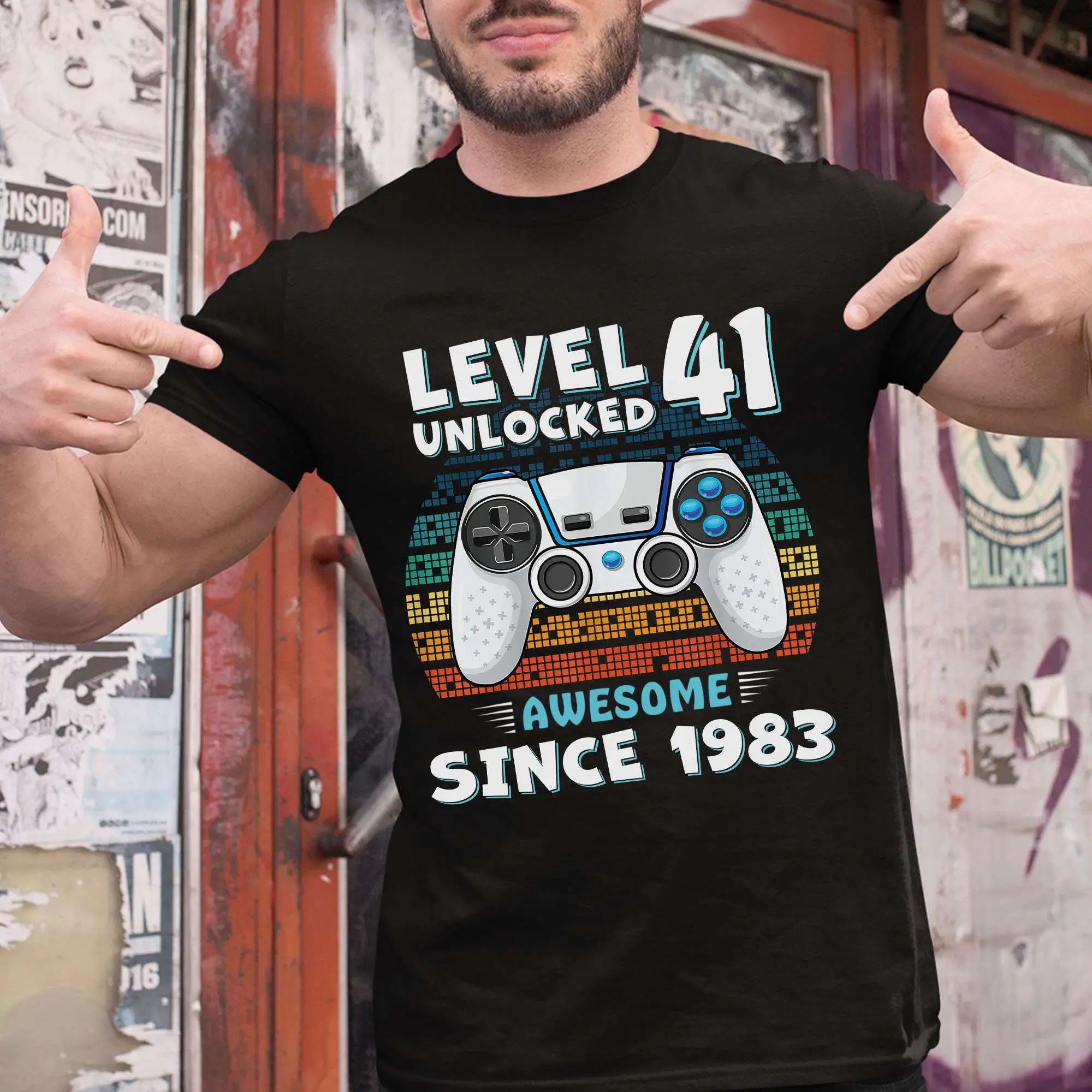 

Funny 41th Birthday Man Gamer T Shirt Level 41 Unlocked Awesome Since 1983 Game Gaming Years Old Party