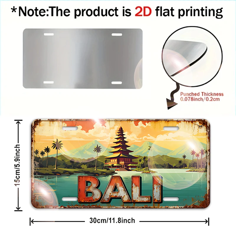 2D Flat, [2D Flat] 1pc, 2D Flat, Vintage Metal Sign, 12.0inch X 6.0inch, Bali Coastal Temple and Tropical Palm Forest Landscape