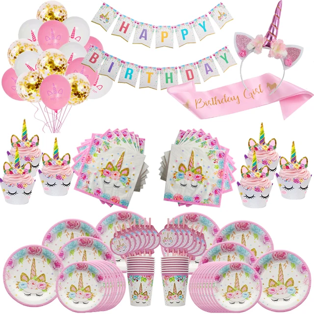 Jednorożec Party Supplies 1st Kids Birthday Party Decorations Unicorn Theme Paper Cups Plates Balloon Cake Toppers Baby Shower Girl