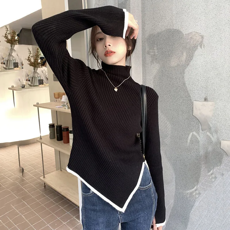 Xpqbb Women\'s Turtleneck Sweater and Pullover Fashion Side Slit Asymmetrical Knitted Sweaters Korean Slim Streetwear Jumpers