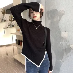 Xpqbb Women's Turtleneck Sweater and Pullover Fashion Side Slit Asymmetrical Knitted Sweaters Korean Slim Streetwear Jumpers