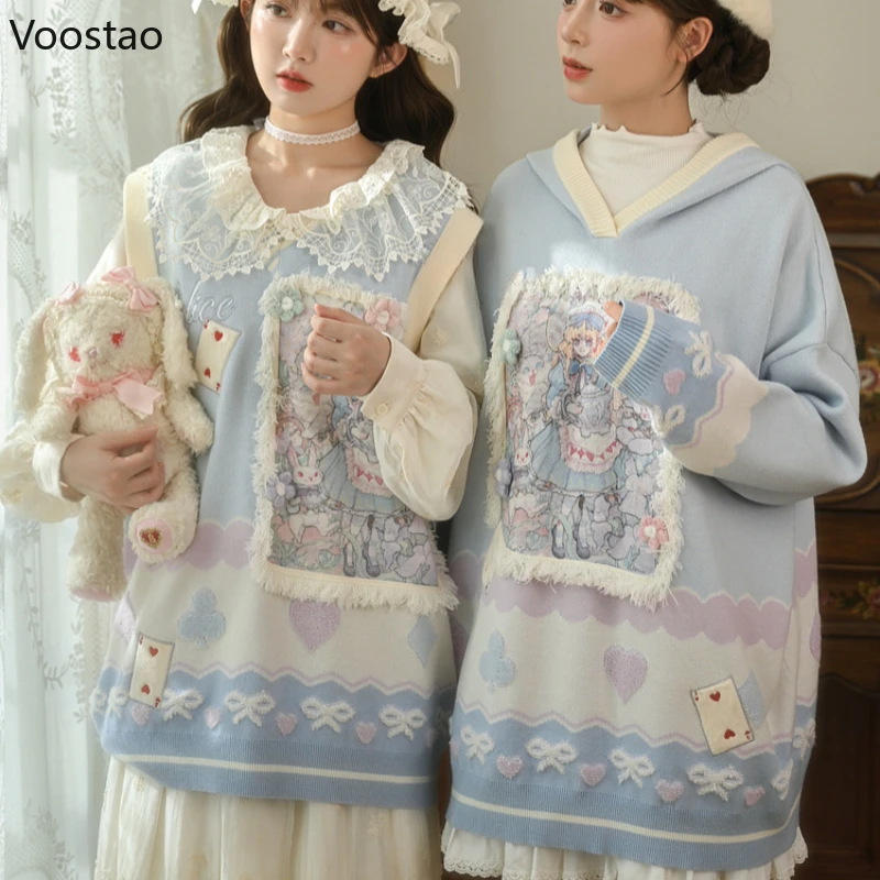 

Mori Girl Style Sweet Lolita Knitted Pullover Women Kawaii Cartoon Fairy Tale Print Sweater Coat Harajuku Knitwear Autumn Tops