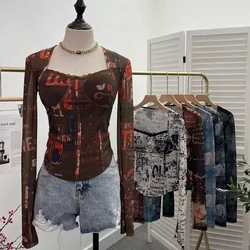Ladies Retro Elegant Square Neck Lace Spliced Tie Dye Mesh Long Sleeves Blouse Tight Hot Girl Short Top With Padded Breasts 1386
