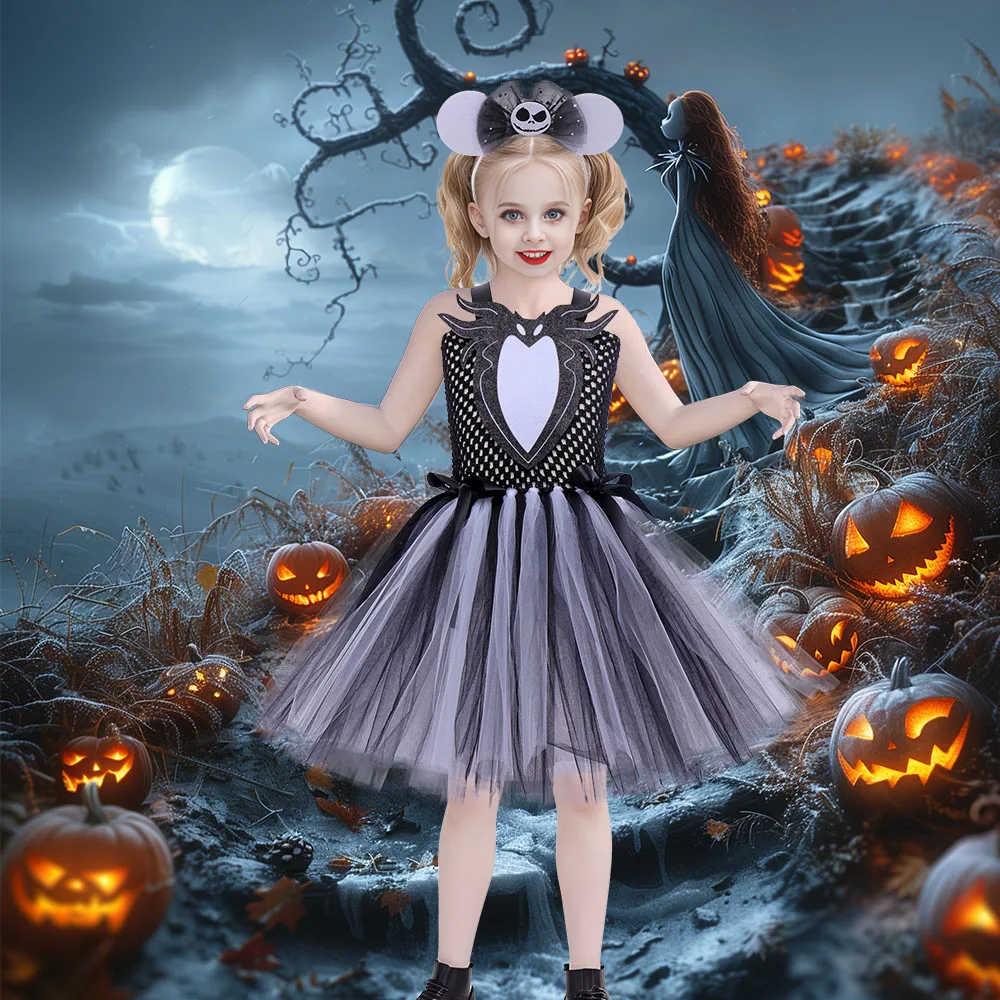 Girls Nightmare Jack Halloween Costume Baby Villain Cosplay Carnival Party Pageant Tutu Dress Children Kids Christmas Costume