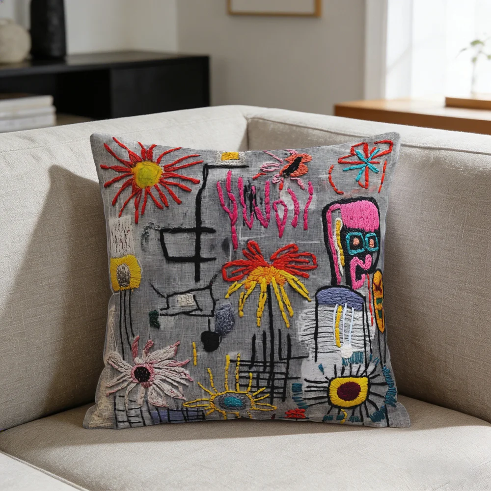 Abstract Graffiti Floral Throw Pillow Cover Colorful Embroidery-Style Art Cushion Case for Modern Eclectic Home Decor Sofa Couch