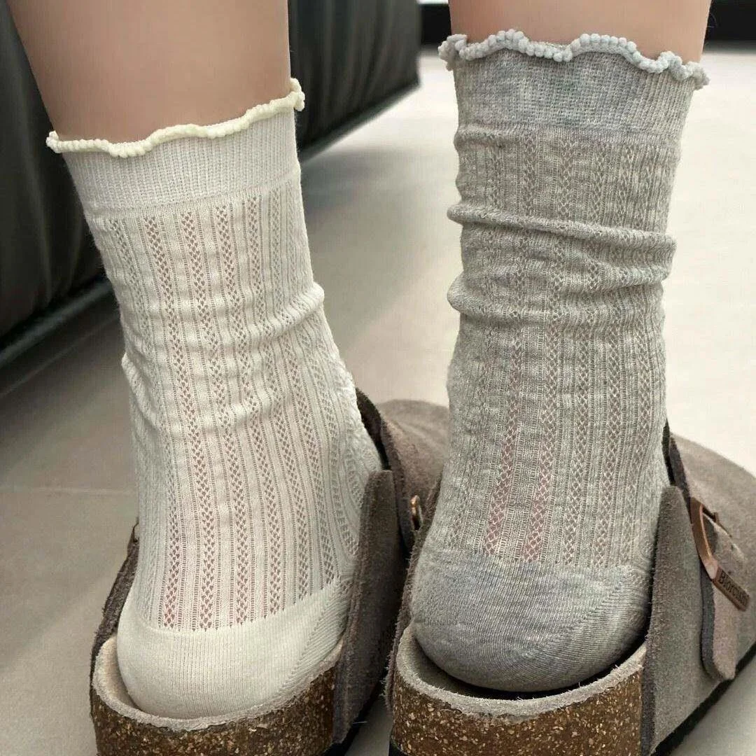 Girls Lace Korean Style INS Summer Thin Mesh Hollow Breathable Pure Color Versatile Mid-Calf Bubble Socks Knitted Moisture Wi...
