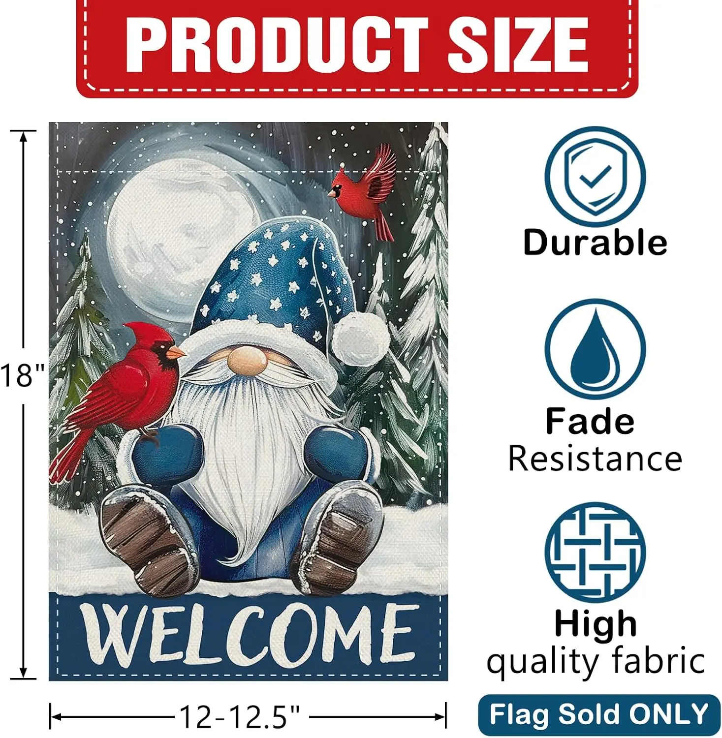 Welcome Winter Blue Gnome Decorative Garden Flag, Snowy Cardinal