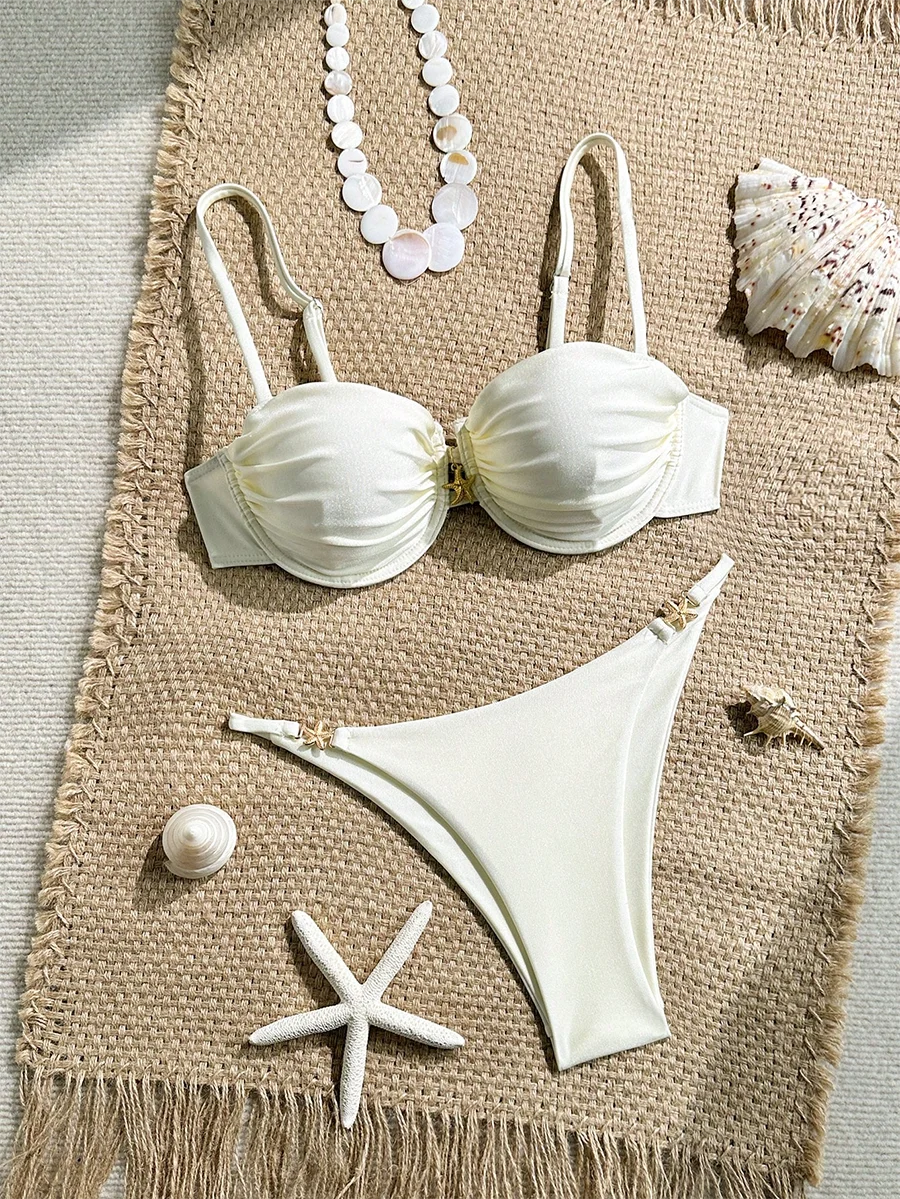 Cream White Underwire Push Up Bikini Set Starfish Hardware Accent Tie Side High Waist 2 Piece Swimsuit Women Summer Beachwear