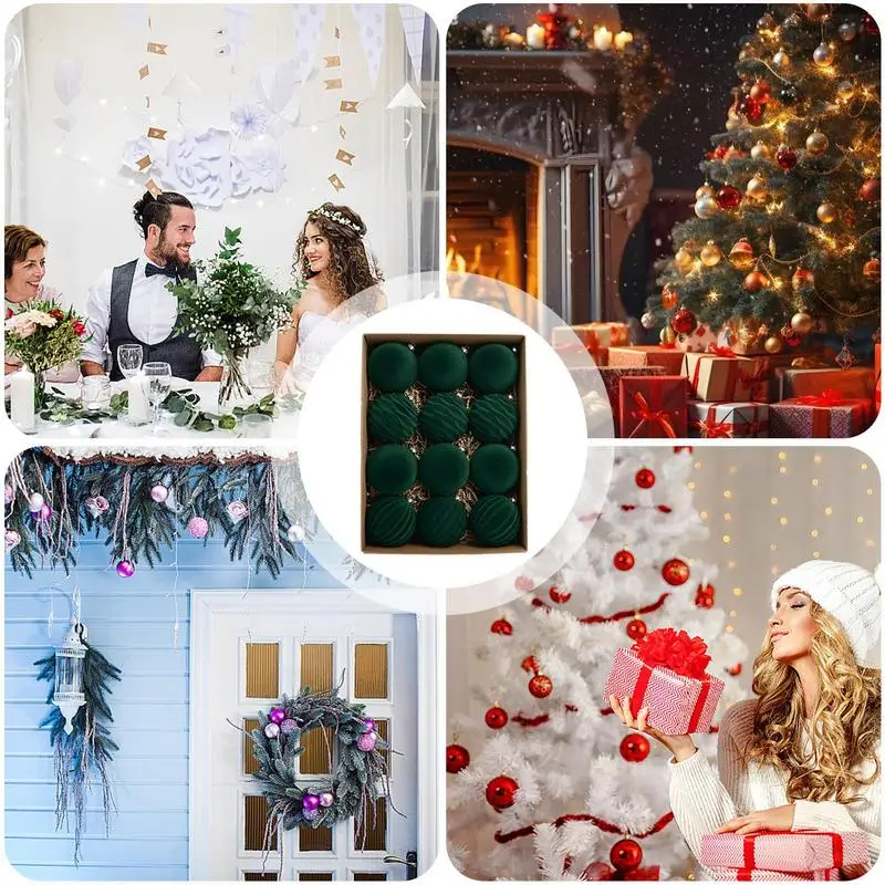 크리스마스 공 크리스마스 트리 장식, 럭셔리 그린 플록 크리스마스 장식품, 볼 Bauble, 크리스마스 테마 파티, 12 팩