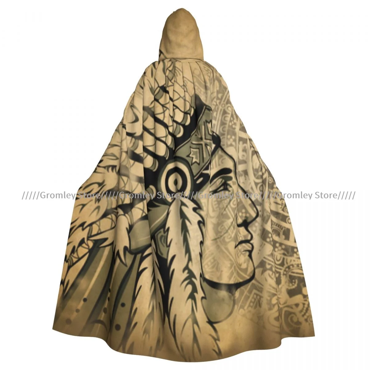 Aztec Calendar And Face Witch Cloak Hooded Cosplay Costume Halloween Adult Long Party Cape