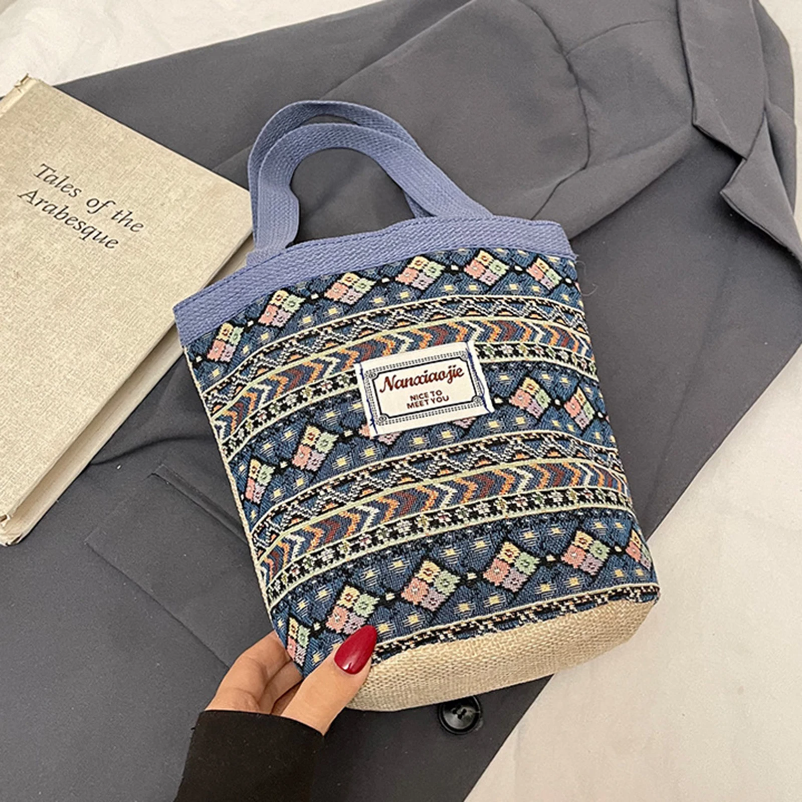 Handmade Woven Lunch Tote Bag with Lined Large Capacity Portable Basket Style Handbag For Work School Picnic Women