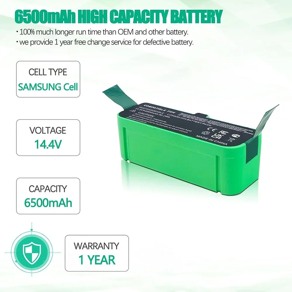 High Capacity 6.5Ah 14.4V Li-ion Battery Pack Compatible with iRobot Roomba 500–900 Series Robot Vacuum Durable Safe Replacement