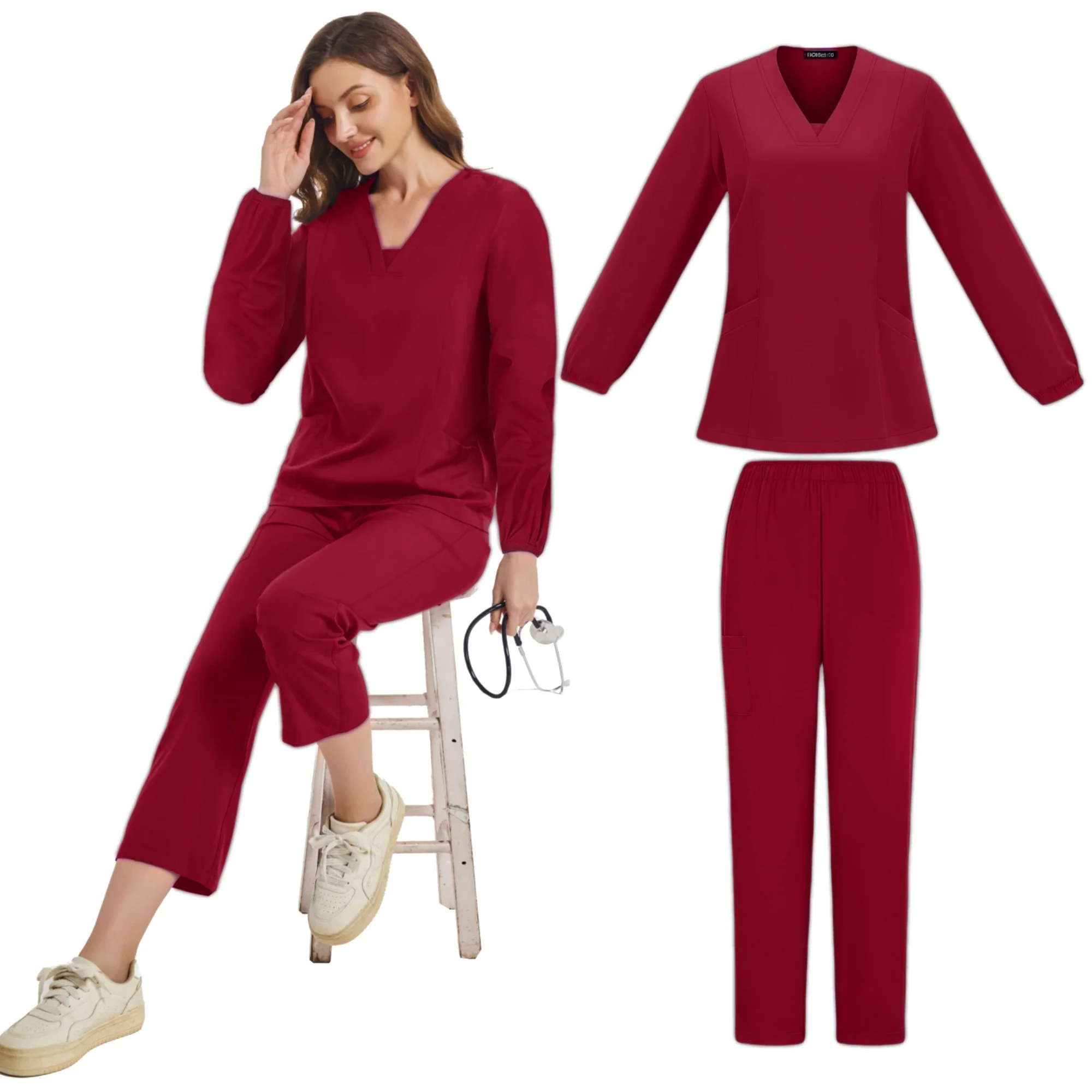 Chirurgische Uniformen Frau Krankenpflege Langarm Scrubsuit Medizinische Peelings Krankenhaus Top V-Ausschnitt Arzt Krankenpflege Lange Scrubs Jogger Sets