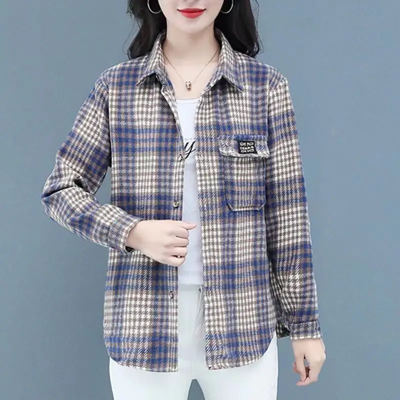 Women\'s Spring and Autumn New Fashion Elegant Polo Collar Plaid Button Pocket Casual Versatile Long Sleeve Loose Shirt Tops