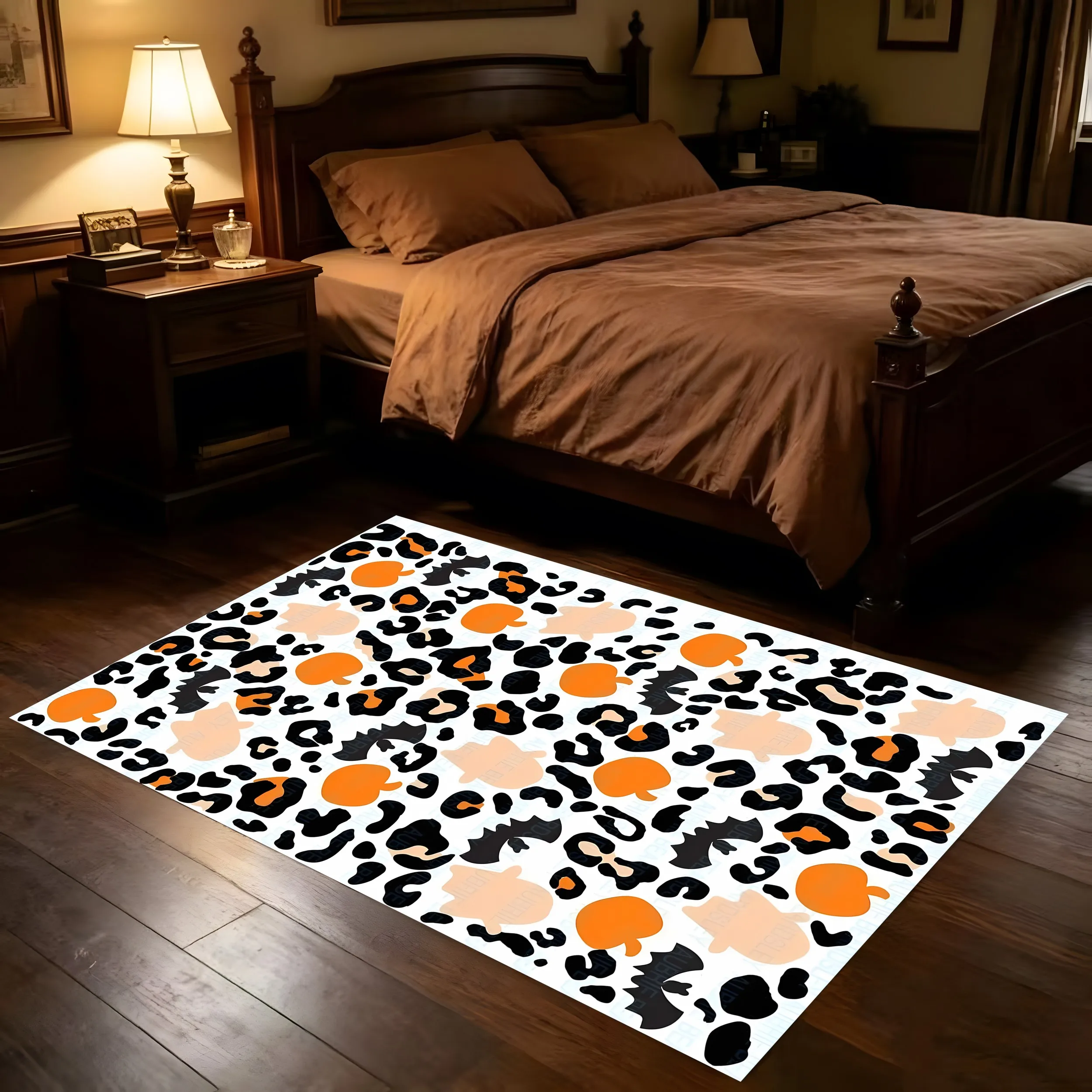 Velvet Leopard Pumpkin Bat Ghost Halloween 2D Rug for Living Room and Bedroom, Autumn/Winter Warm