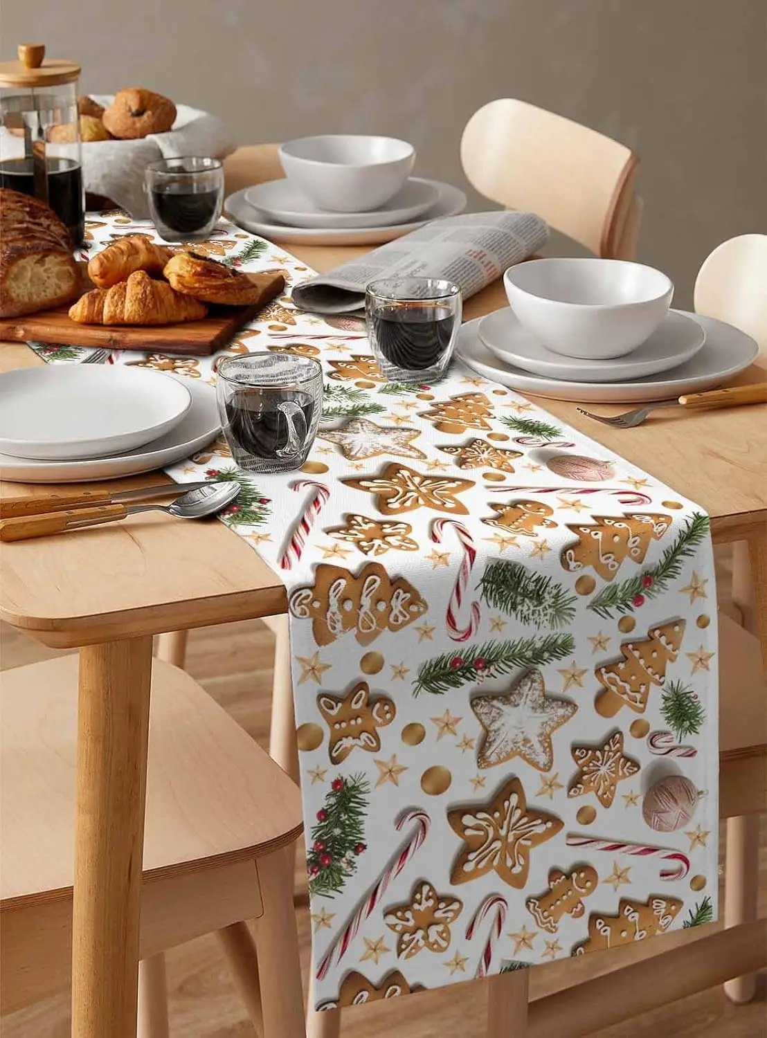 Christmas Gingerbread Tree Pine Needle Linen Table Runner Party Decor Reusable Kitchen Dining Table Runner Christmas Decoration