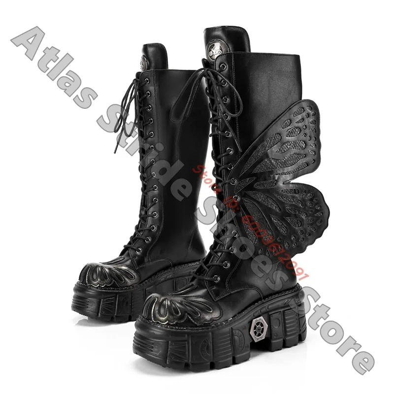Butterfly Cutout Lug Platform Knee High Combat Boots Distressed Metallic Toe Cap Front Lace Up Gothic Tall Boots Dark Punk Boots