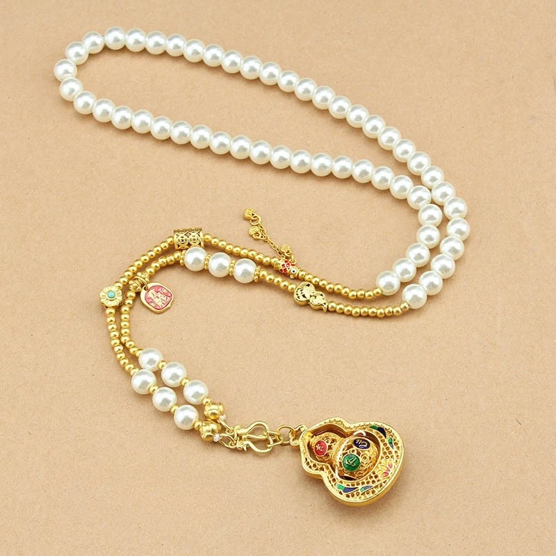 

Enamel Gourd Seven Holy Lotus Sweater Chain Imitation Pearl Ethnic Style Women High-end Fashion Long Necklaces Jewelry