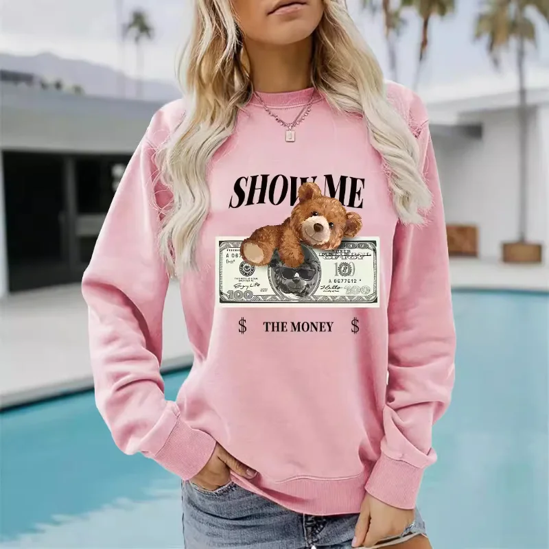 تيدي بير الأوراق النقدية المطبوعة المرأة عارضة طويلة الأكمام جولة الرقبة المطبوعة البلوز البلوز و الدافئة البلوز البلوز #3