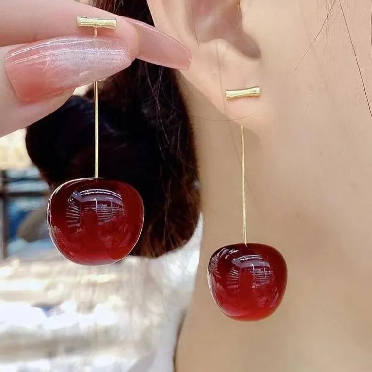 Metal Resin Cherry Fruit Dangle Earrings for Women New Simple Trend Design Jewelry Party Accessories